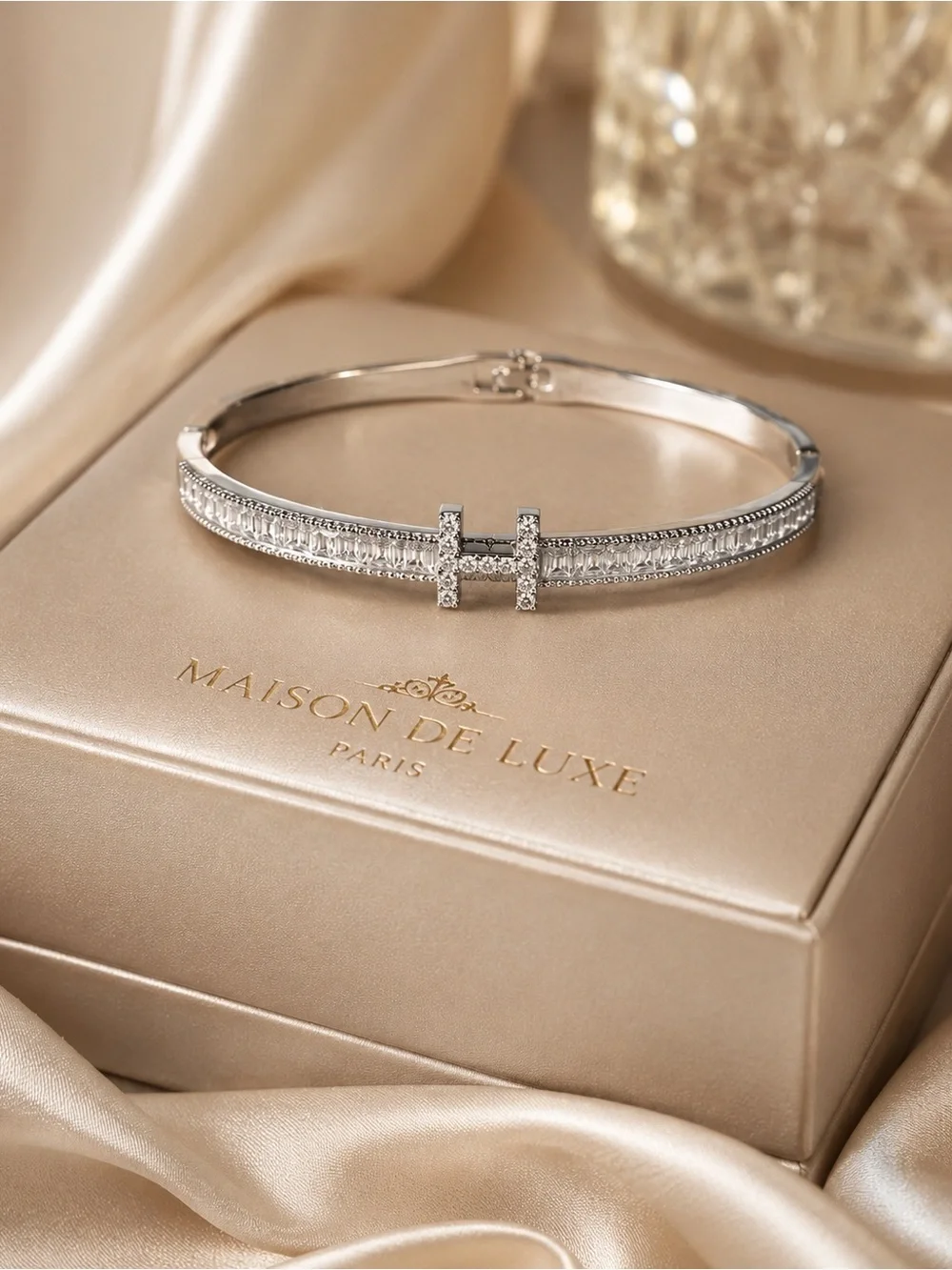 Silver Crystal H Accent Hinged Bangle Bracelet